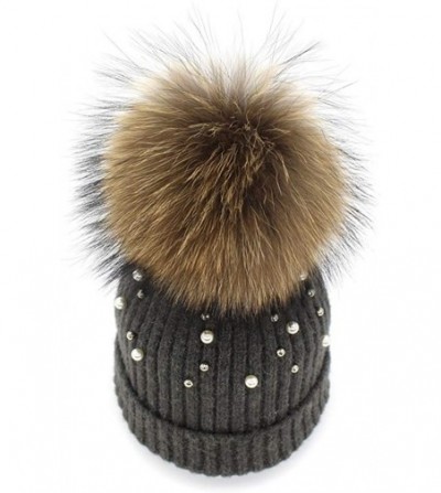 Skullies & Beanies Girls Winter Knitted Beanie Hat Real Fur Pom Pearls Womens Warm Cap - Darkgrey - C018LK044ZN