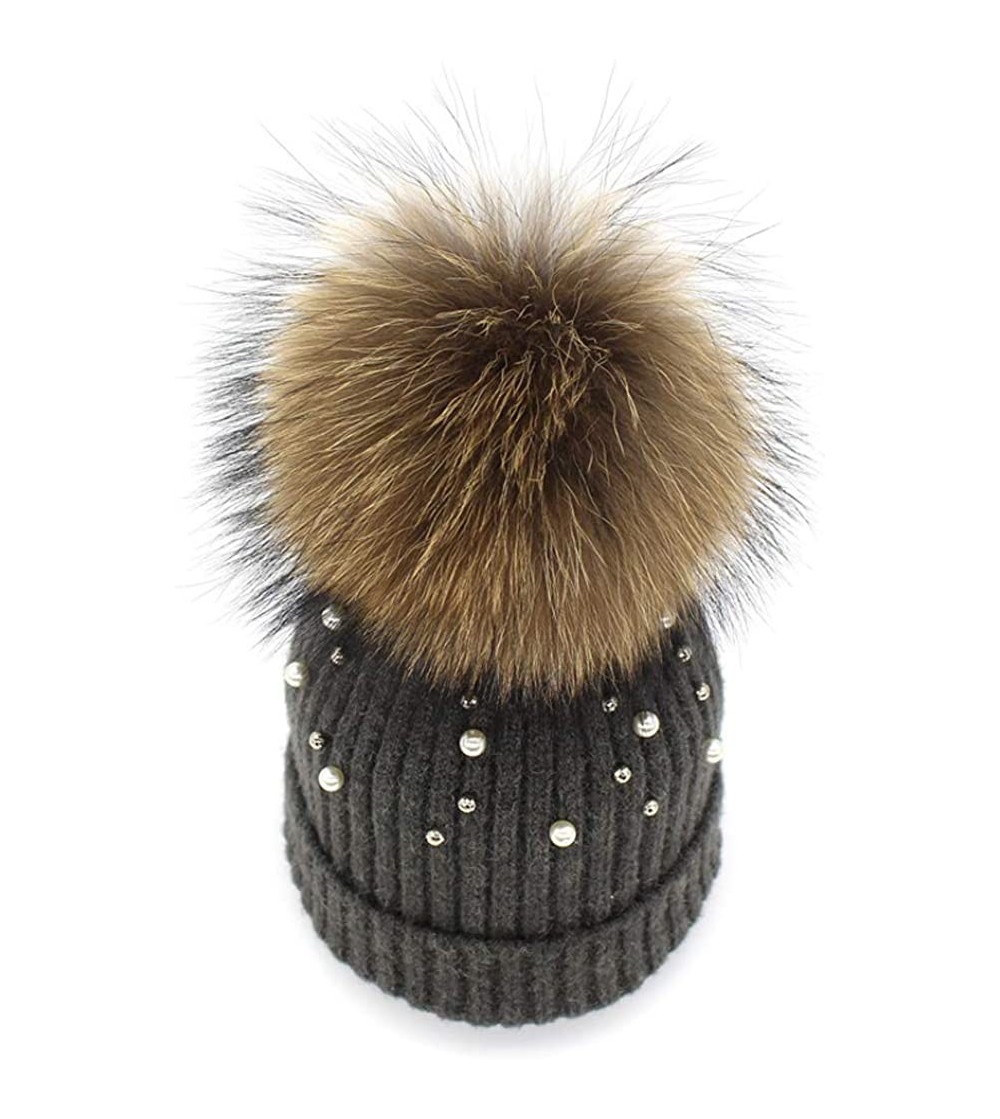 Skullies & Beanies Girls Winter Knitted Beanie Hat Real Fur Pom Pearls Womens Warm Cap - Darkgrey - C018LK044ZN