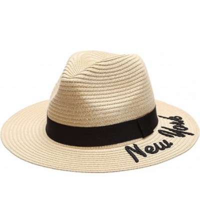 Sun Hats Summer Panama Straw Embroidered New York Quote Wide Brim Sun Beach Hat - Natural - CU17YKXUZDK