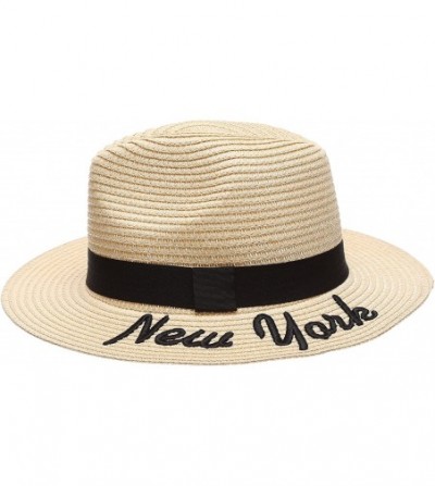 Sun Hats Summer Panama Straw Embroidered New York Quote Wide Brim Sun Beach Hat - Natural - CU17YKXUZDK