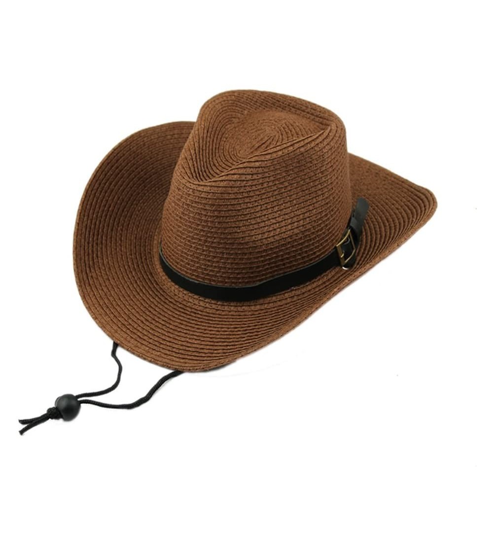 Cowboy Hats Straw Cowboy Hat- Men Women Summer Beach Panama Sun Hats Wide Brim Fedora UPF50+ - Brown - CM18254HRA2
