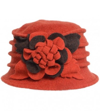 Bucket Hats Lady 100% Wool Floral Bucket Cloche Bowler Hat Felt Dress Hat XC020 - Orange - CK12MA00RE4