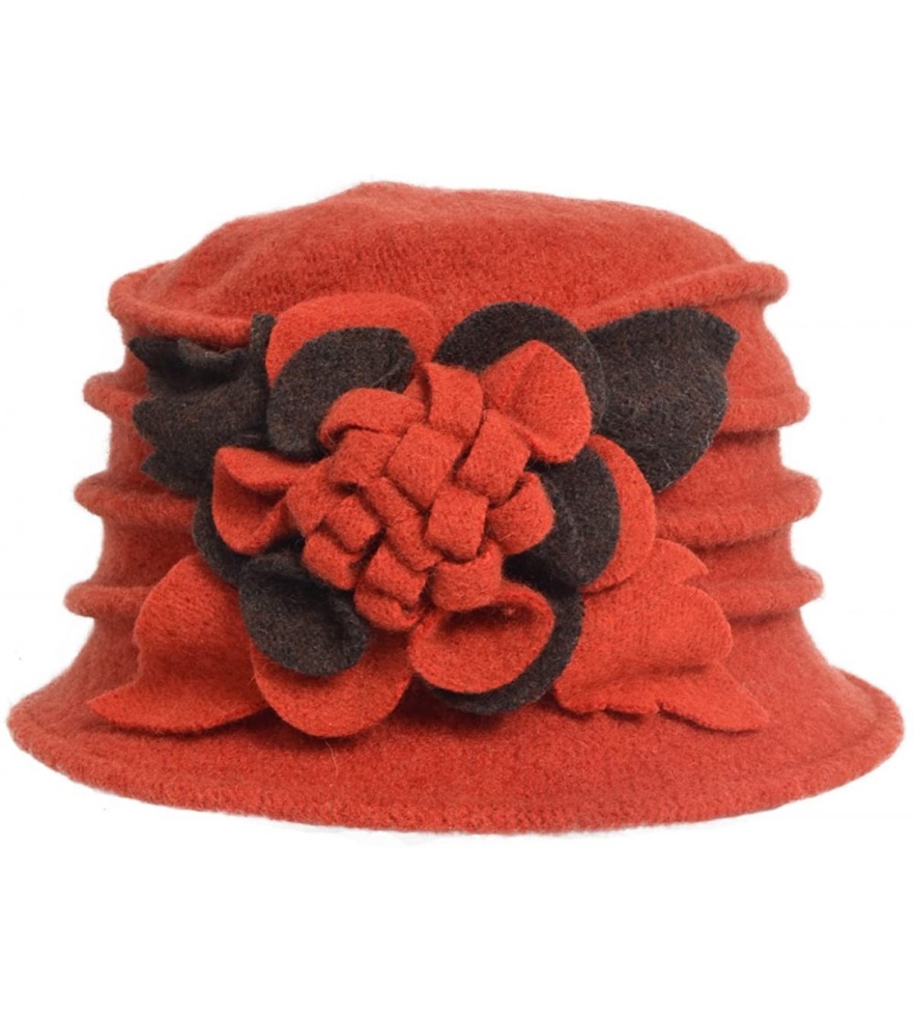 Bucket Hats Lady 100% Wool Floral Bucket Cloche Bowler Hat Felt Dress Hat XC020 - Orange - CK12MA00RE4