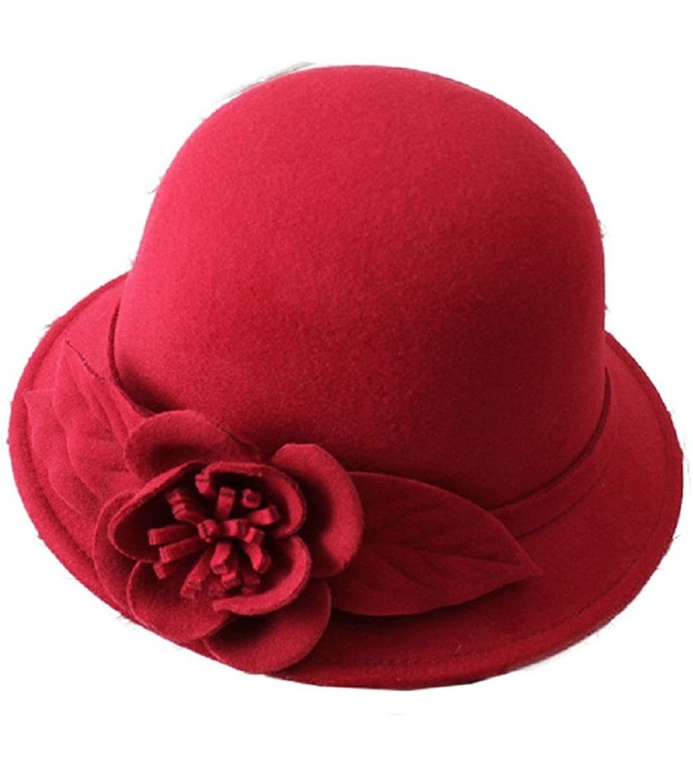 Bucket Hats Womens Flower Felt Cloche Bucket Hat Dress Winter Cap Fashion - Wine Red - CY1880UGL4O