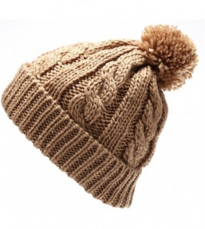 Skullies & Beanies Women's Thick Oversized Cable Knitted Fleece Lined Pom Pom Beanie Hat with Hair Tie. - Khaki - C312JOJP257