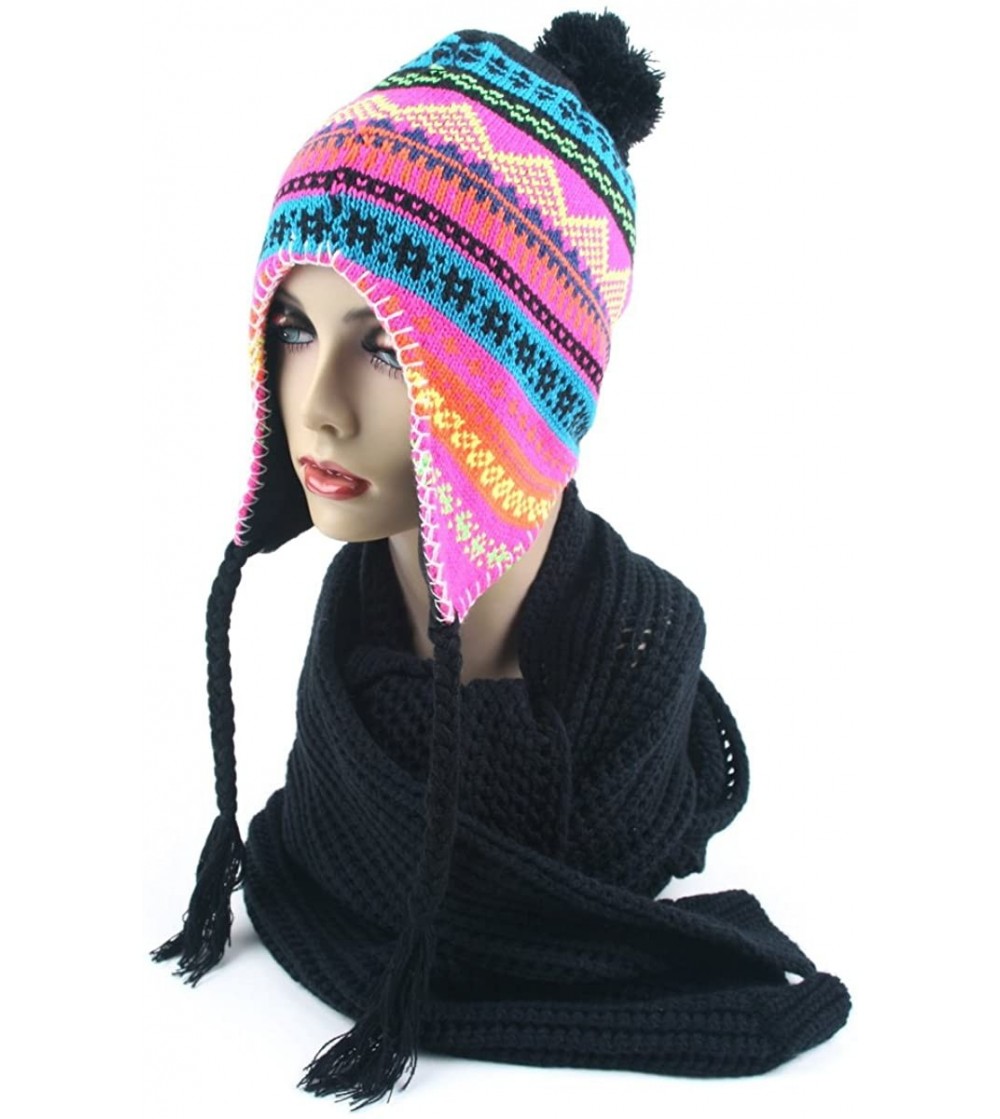 Bomber Hats Women's Knit Peruvian Trapper Knit Winter Ear Flap Hat P211 - Black/Blue - CY110X8XE95
