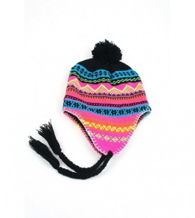 Bomber Hats Women's Knit Peruvian Trapper Knit Winter Ear Flap Hat P211 - Black/Blue - CY110X8XE95