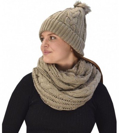 Skullies & Beanies Thick Warm Crochet Beanie Hat & Plush Fur Lined Infinity Loop Scarf Set - Taupe - CU188406NCS