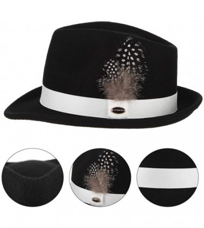 Fedoras Men Classic Feather Wool Felt Fedora Hat Snap Brim Crushable Manhattan Gangster Derby Hat - CL18MDM8I3O