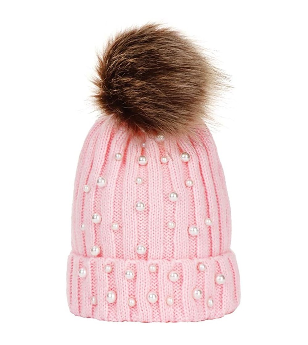Bomber Hats Women Faux Fur Pom Pom Beanie Cap Fashion Winter Pearl Knit Ski Hat - Pink - C118LKDITWK