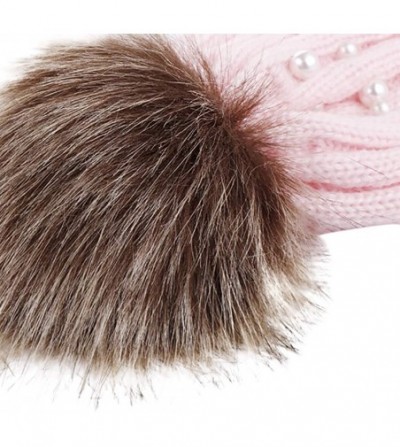 Bomber Hats Women Faux Fur Pom Pom Beanie Cap Fashion Winter Pearl Knit Ski Hat - Pink - C118LKDITWK