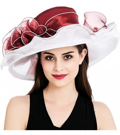 Sun Hats Women's Derby Hat Ruffle Brim Floral Aside Patchwork Organza Wide Brim Hat - Blue Top and White - C918NEN24G2