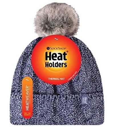 Skullies & Beanies Womens Thick Knit Thermal Winter Warm Beanie Hat with Pom Pom - Blue - CD184R74TZL