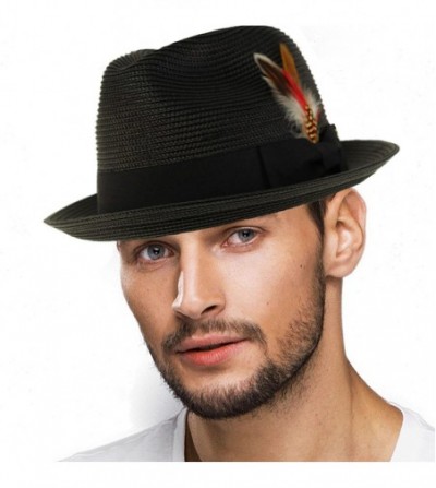 Fedoras Men's Handsome Feather Derby Fedora Tall Crown Upturn Curl Brim Hat - Black - C818DKSL0SE