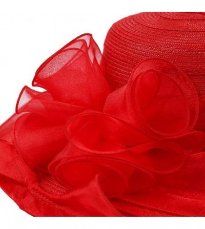 Sun Hats Women Organza Kentucky Derby Church Dress Cloche Hat Fascinator Floral Tea Party Wedding Bucket Hat S053 - Red - CW1...