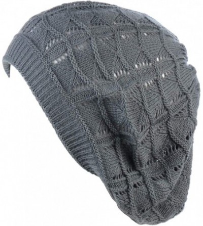 Berets Chic Soft Knit Airy Cutout Lightweight Slouchy Crochet Beret Beanie Hat - Charcoal Gray Wavy Stripe - CJ18L3TMOLK