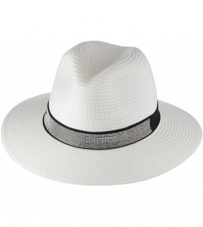 Sun Hats Women's Paper Woven Rhinestone Band Panama Sun Hat - White - C618CNHSR33