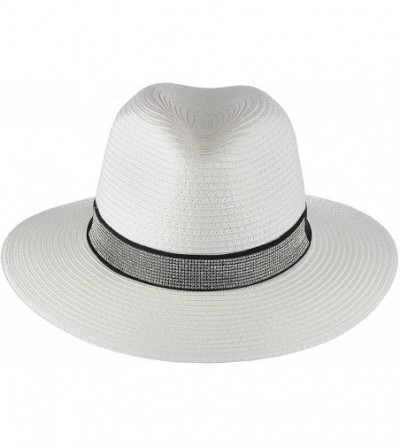 Sun Hats Women's Paper Woven Rhinestone Band Panama Sun Hat - White - C618CNHSR33