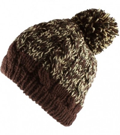 Berets Two Tone Crochet Knit Slouchy Pompom Beanie Beret Winter Ski Hat - Brown - CW126MNQOVJ