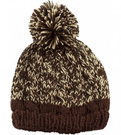 Berets Two Tone Crochet Knit Slouchy Pompom Beanie Beret Winter Ski Hat - Brown - CW126MNQOVJ
