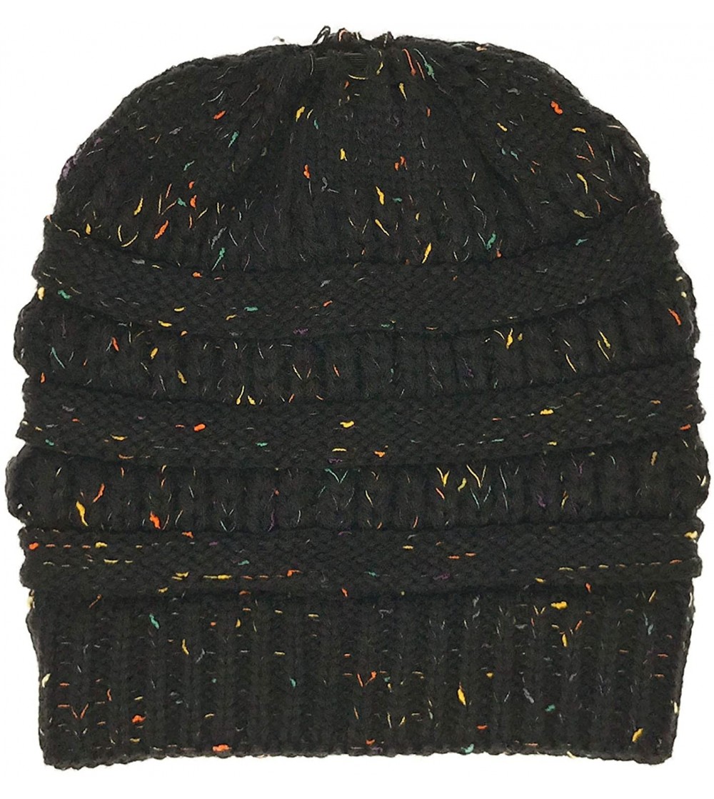 Skullies & Beanies Messy Bun BeanieTail Warm Soft Ponytail Stretchy Cable Knit Skully Beanie Hat - Confetti Black - CC18YHCLN5G